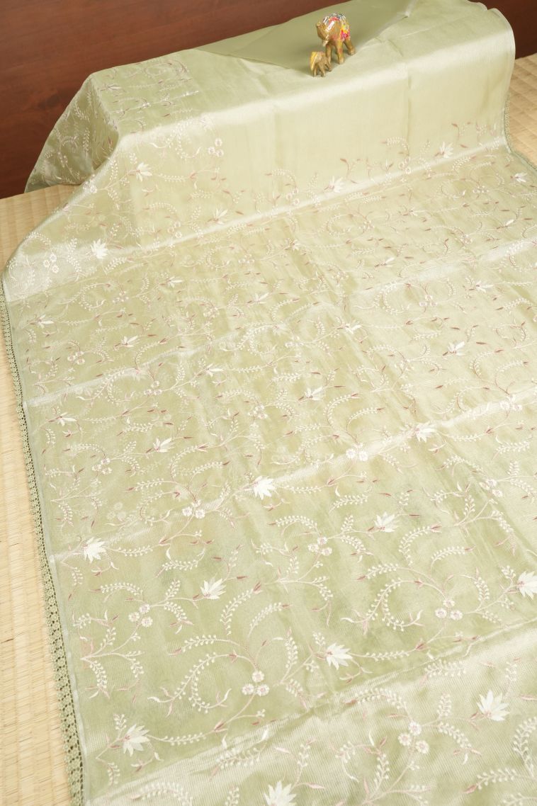Pistachio Green Organza Saree with Without Zari Zari Floral Patterns view 2