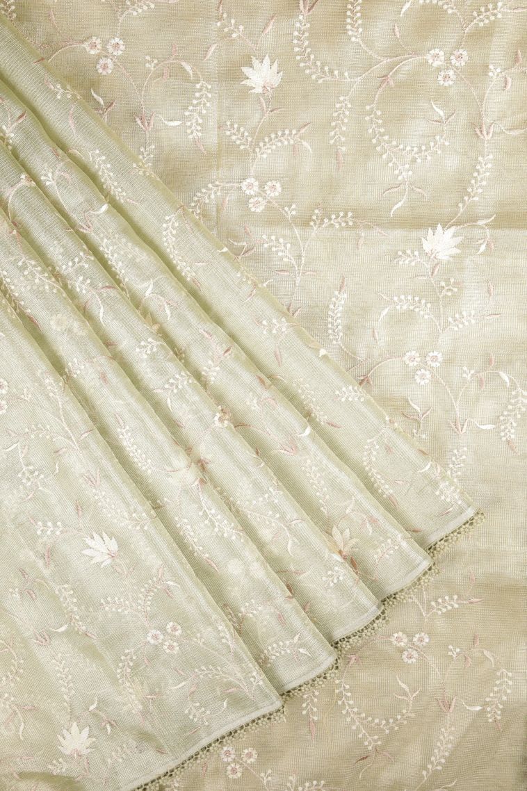 Pistachio Green Organza Saree with Without Zari Zari Floral Patterns view 1