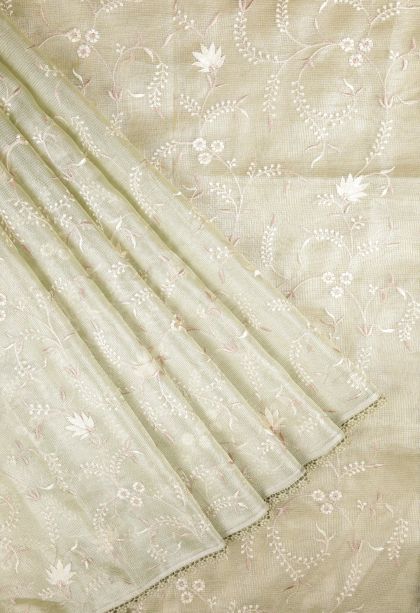 Pistachio Green Organza Saree with Without Zari Zari Floral Patterns