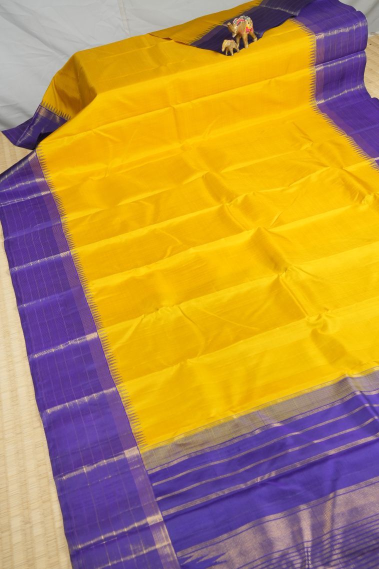 Lemon Yellow Kanchipuram Silk Sarees with Without Zari Zari Plain view 2