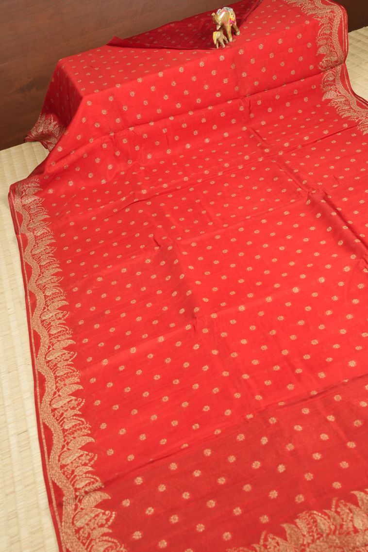 Candy Red Banaras Sarees with Copper Zari Buttis (small Dots Or Motifs) view 2