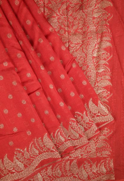 Candy Red Banaras Sarees with Copper Zari Buttis (small Dots Or Motifs)