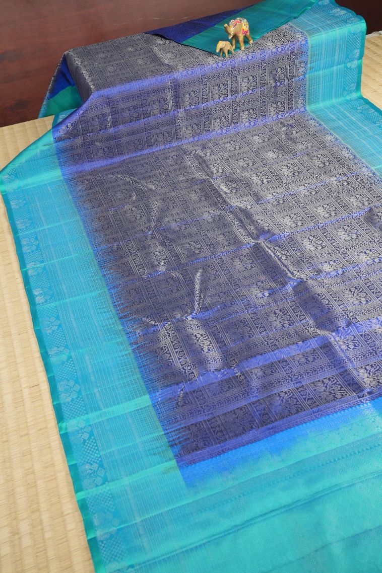 Admiral Blue Soft Silk Saree with Silver Zari Floral Patterns view 2