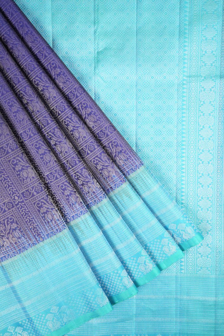 Admiral Blue Soft Silk Saree with Silver Zari Floral Patterns view 1
