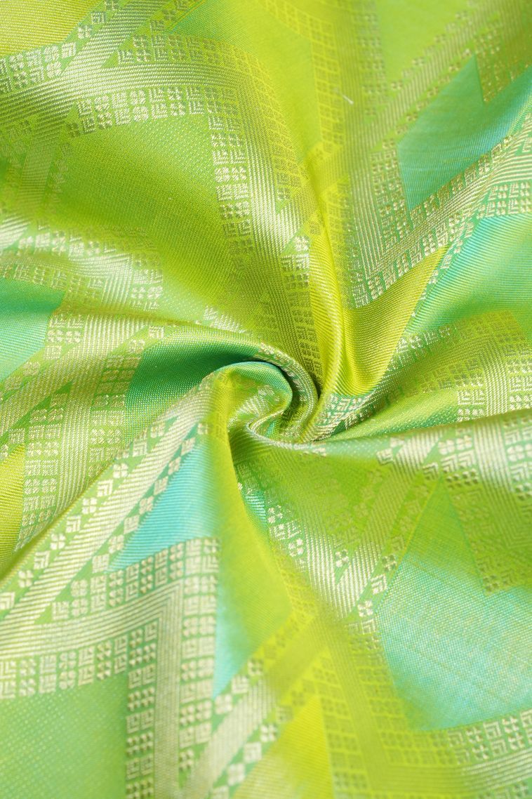 Chartreuse Green Kanchipuram Silk Sarees with Gold Zari Geometric Shapes view 4