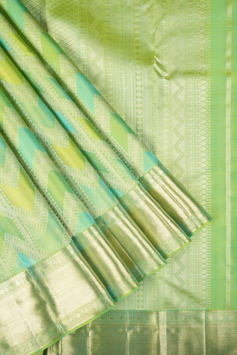 Chartreuse Green Kanchipuram Silk Sarees with Gold Zari Geometric Shapes view 1