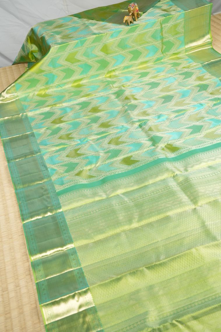 Chartreuse Green Kanchipuram Silk Sarees with Gold Zari Geometric Shapes view 2