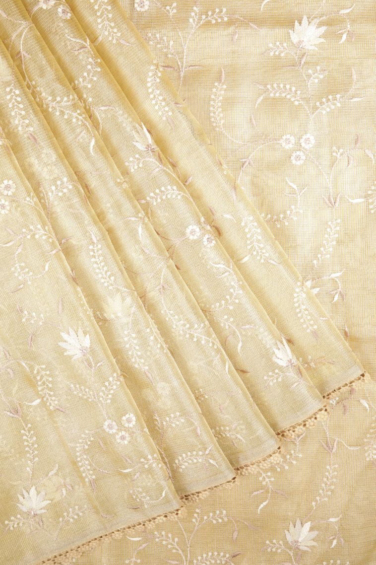 Beige Yellow Organza Saree with Without Zari Zari Floral Patterns view 1
