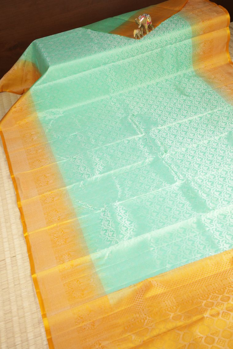 Lime Green Soft Silk Saree with Silver Zari Floral Patterns view 2