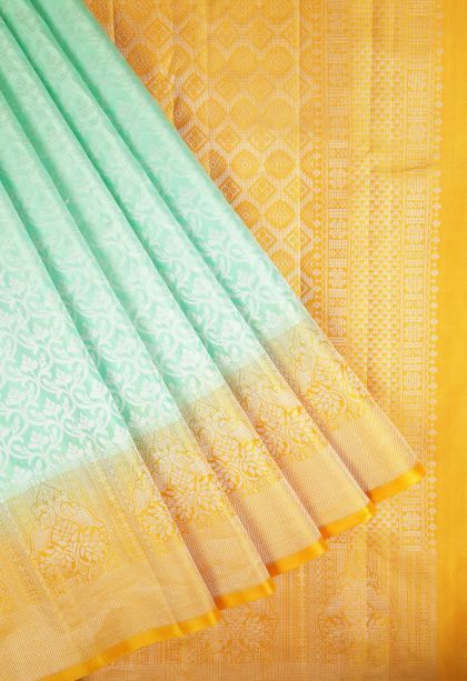 Lime Green Soft Silk Saree with Silver Zari Floral Patterns