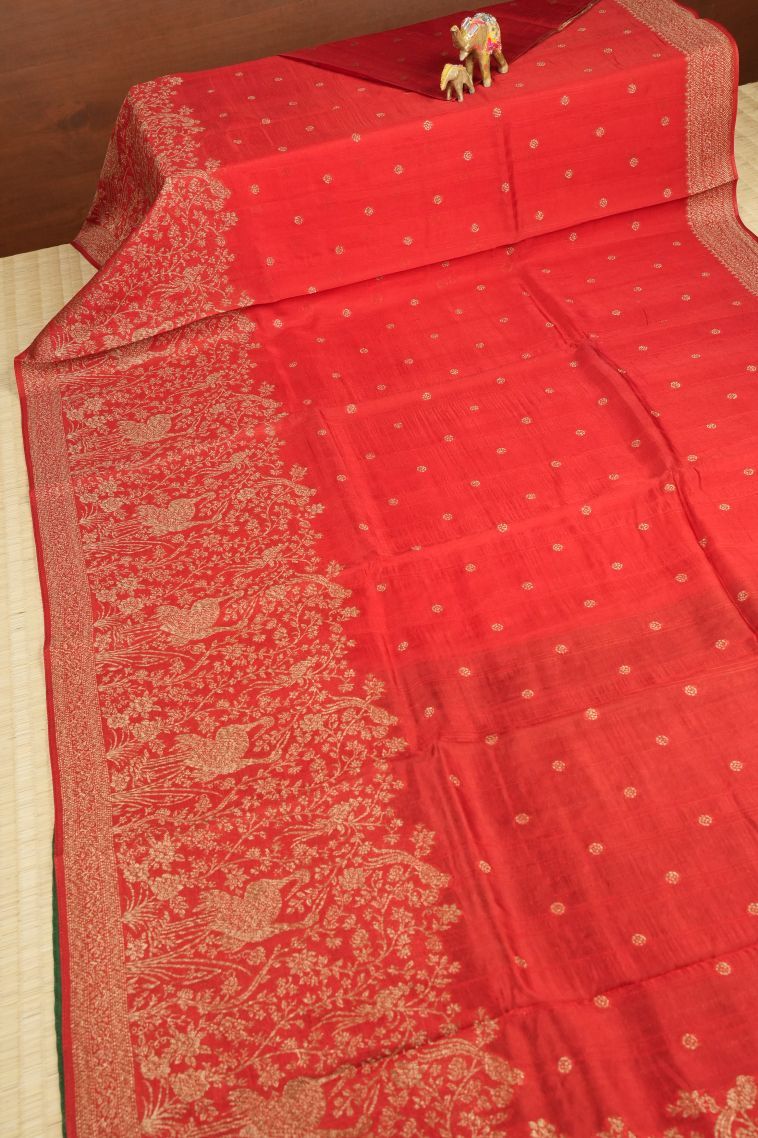 Candy Red Banaras Sarees with Copper Zari Buttis (small Dots Or Motifs) view 2