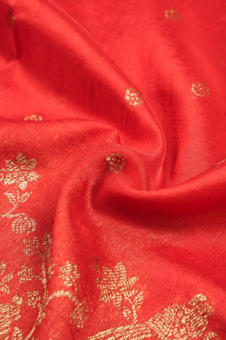 Candy Red Banaras Sarees with Copper Zari Buttis (small Dots Or Motifs) view 4