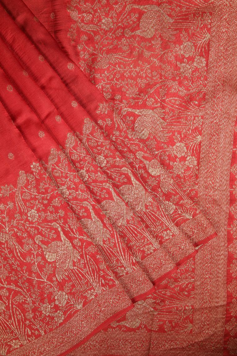 Candy Red Banaras Sarees with Copper Zari Buttis (small Dots Or Motifs) view 1