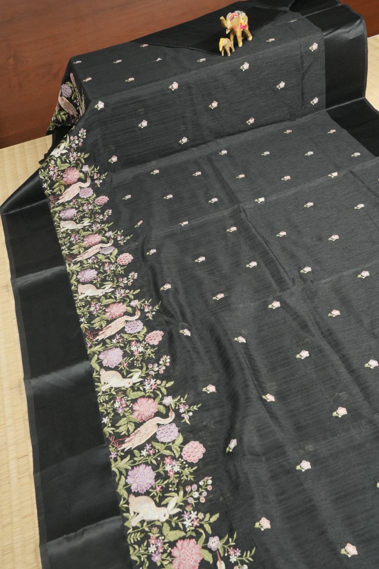 Asphalt Black Tussar Saree with Without Zari Zari Buttis (small Dots Or Motifs) view 2