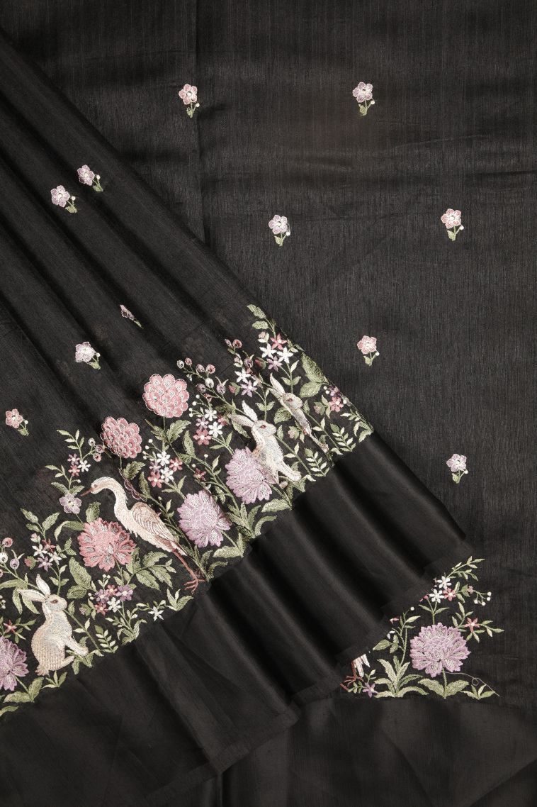 Asphalt Black Tussar Saree with Without Zari Zari Buttis (small Dots Or Motifs) view 1