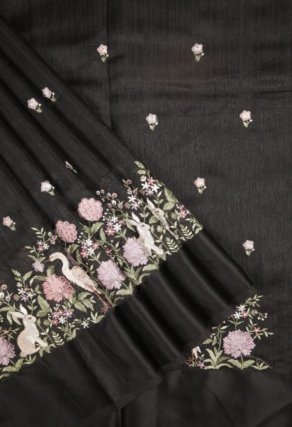 Asphalt Black Tussar Saree with Without Zari Zari Buttis (small Dots Or Motifs)