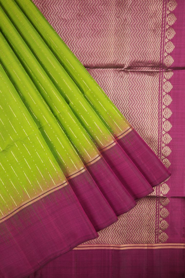 Lime Green Soft Silk Saree with Silver Zari Stripes view 1