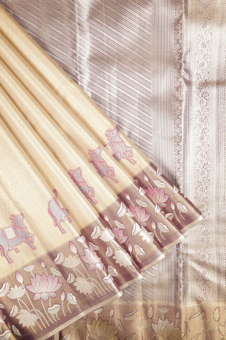 Gold Tissue Silk Sarees with Silver Zari Floral Patterns view 1