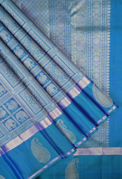 Peacock Blue Kanchipuram Silk Sarees with Gold Zari Floral Patterns
