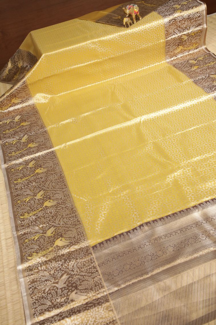 Gold Tissue Silk Sarees with Silver Zari Floral Patterns view 2