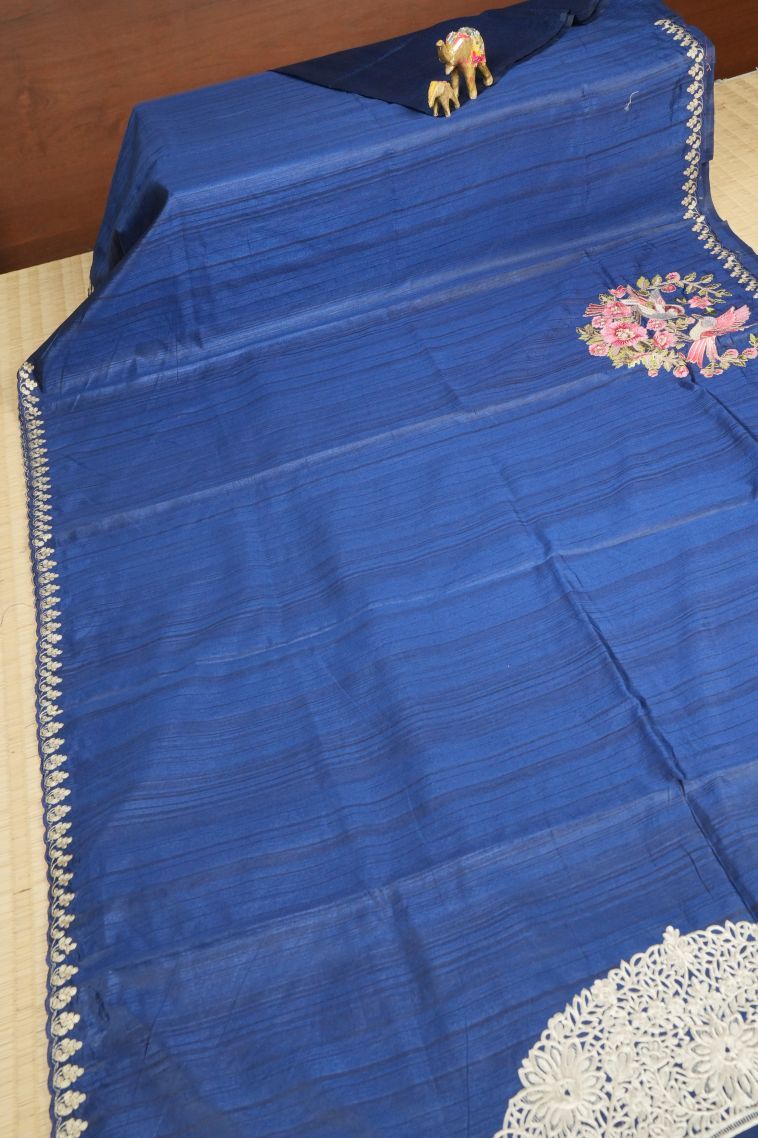 Admiral Blue Tussar Saree with Without Zari Zari Plain view 2