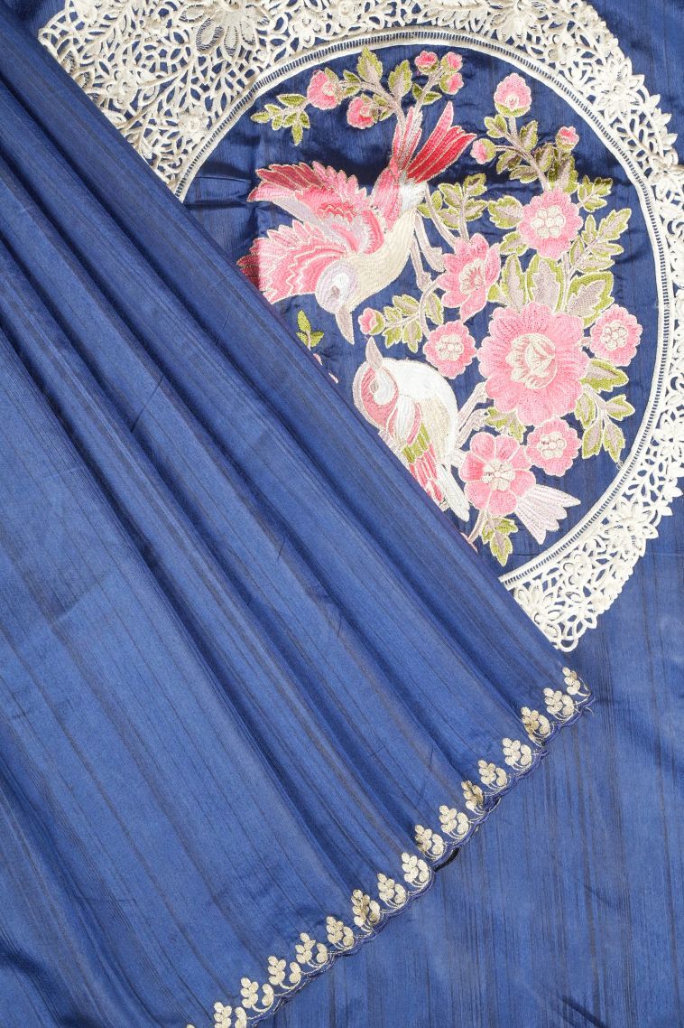 Admiral Blue Tussar Saree with Without Zari Zari Plain view 1