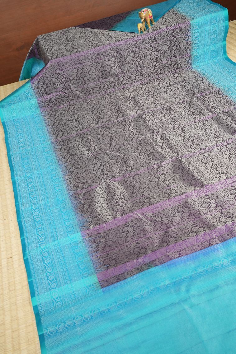 Bosenberry Purple Soft Silk Saree with Silver Zari Floral Patterns view 2