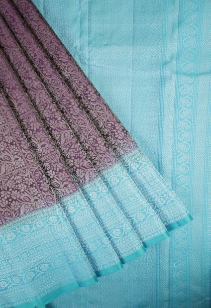 Bosenberry Purple Soft Silk Saree with Silver Zari Floral Patterns