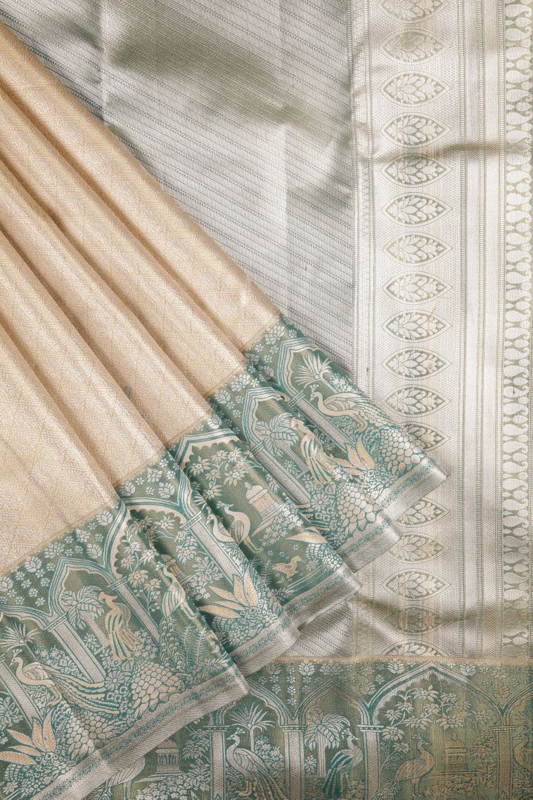 Cream White Tissue Silk Sarees with Silver Zari Floral Patterns view 1