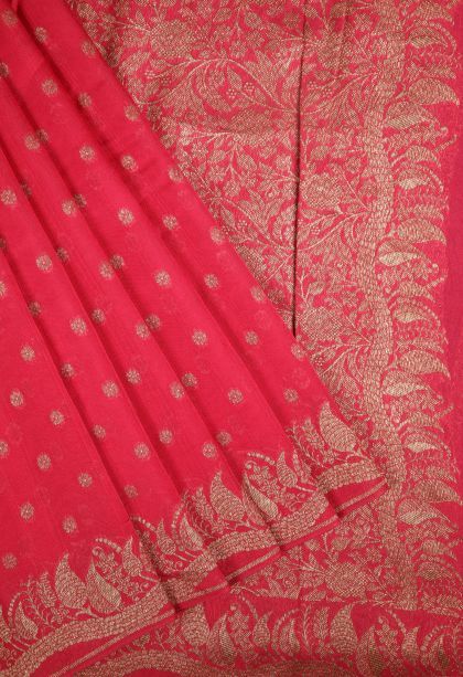 Punch Pink Banaras Sarees with Copper Zari Buttis (small Dots Or Motifs)