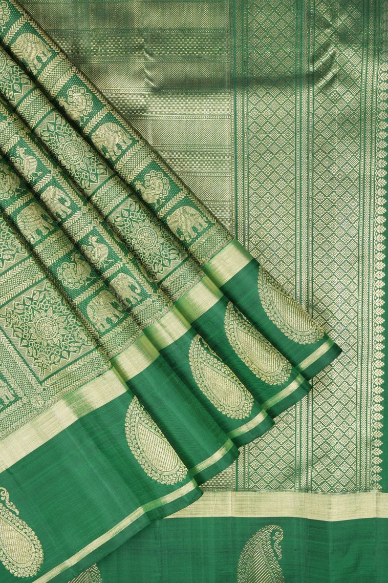 Basil Green Kanchipuram Silk Sarees with Gold Zari Floral Patterns view 1