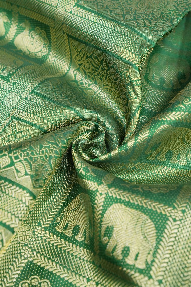 Basil Green Kanchipuram Silk Sarees with Gold Zari Floral Patterns view 4