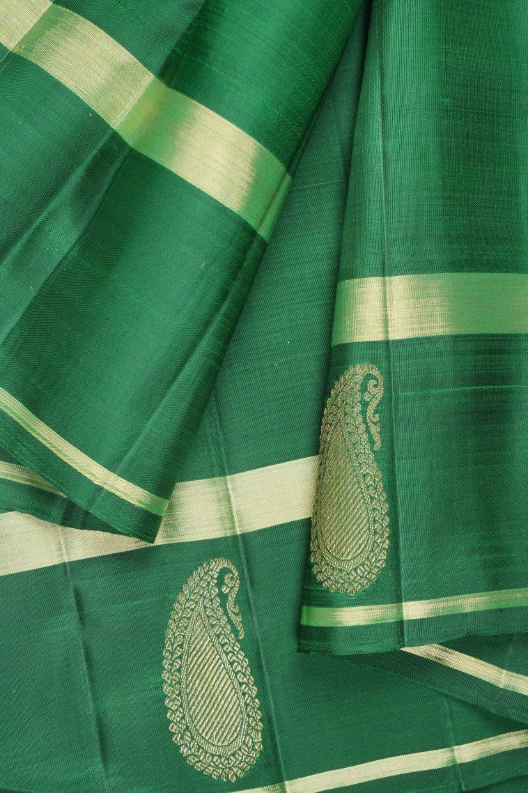 Basil Green Kanchipuram Silk Sarees with Gold Zari Floral Patterns view 3