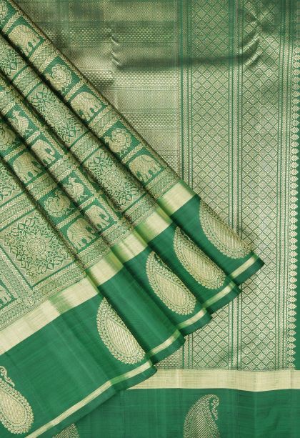 Basil Green Kanchipuram Silk Sarees with Gold Zari Floral Patterns