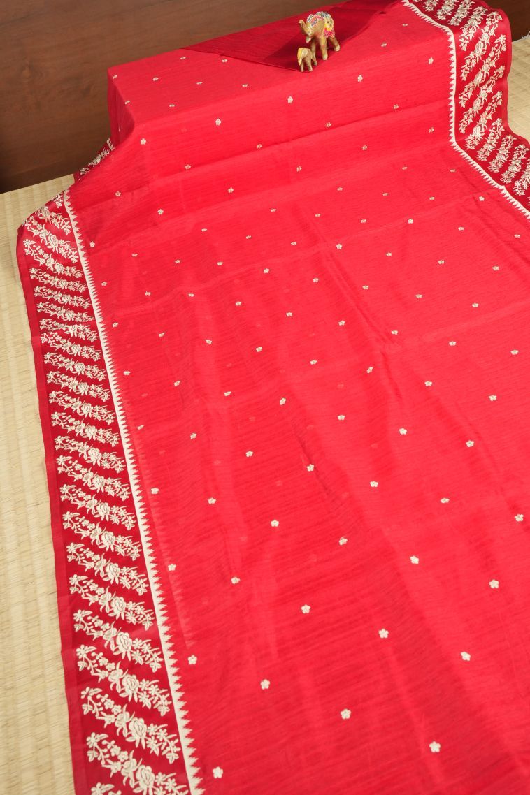 Rose  Red Tussar Saree with Without Zari Zari Buttis (small Dots Or Motifs) view 2