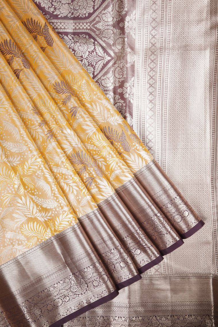 Gold Tissue Silk Sarees with Silver Zari Floral Patterns view 1