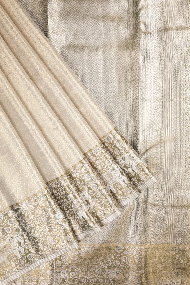 Cream White Tissue Silk Sarees with Silver Zari Floral Patterns view 1