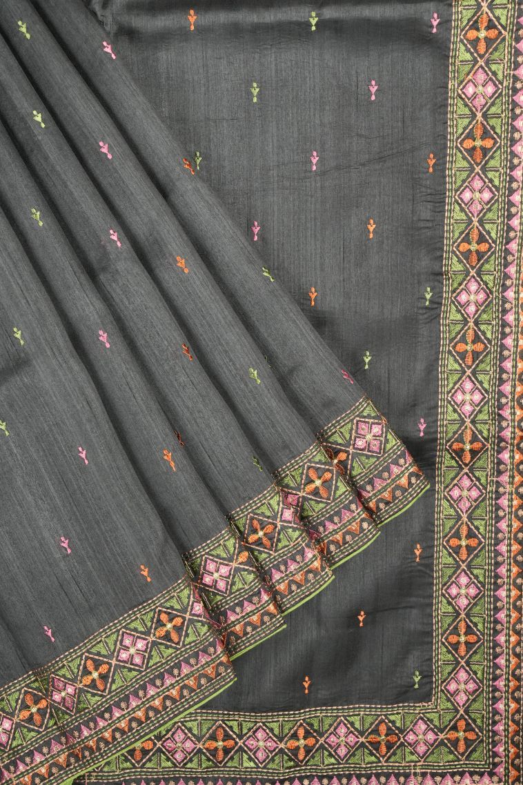 Charleston Black Tussar Saree with Without Zari Zari Buttis (small Dots Or Motifs) view 1