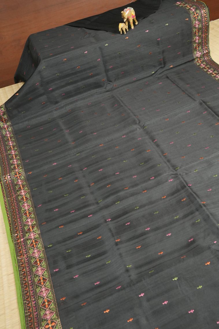 Charleston Black Tussar Saree with Without Zari Zari Buttis (small Dots Or Motifs) view 2