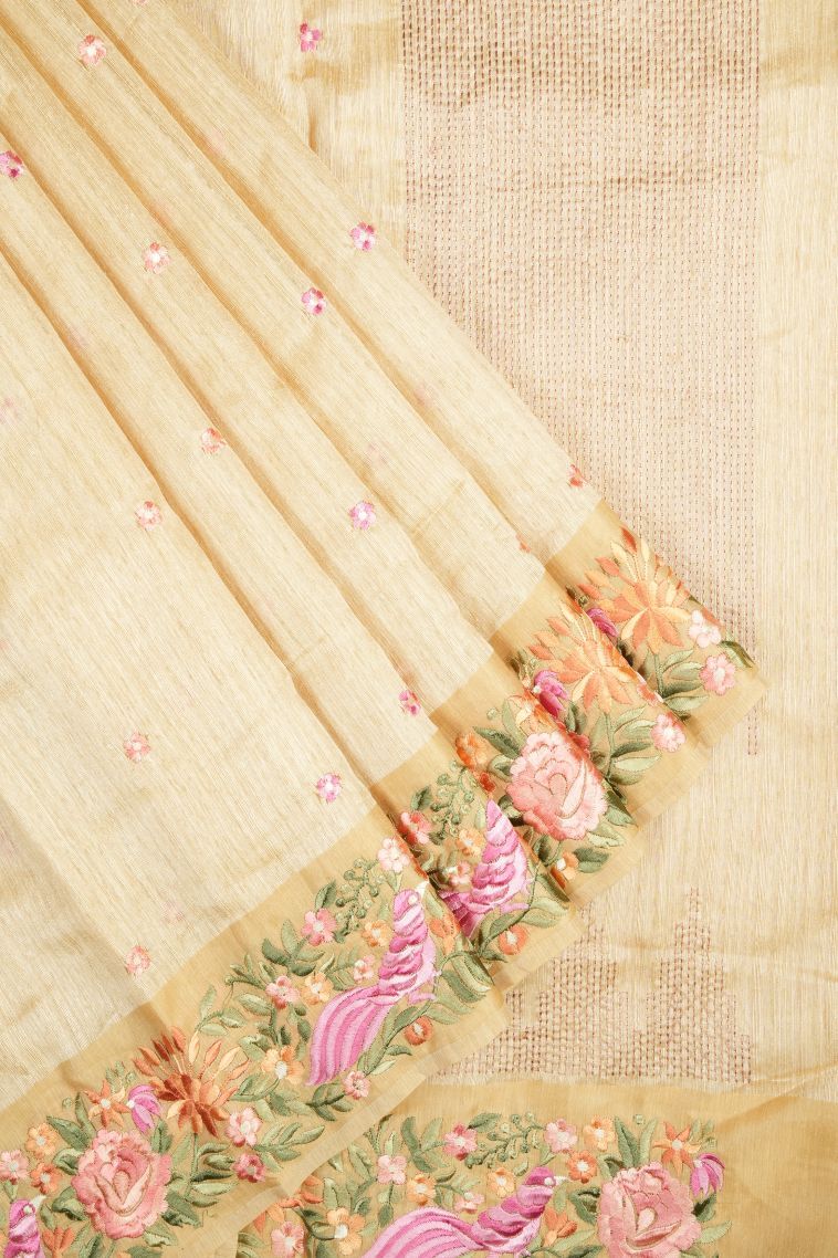 Cream White Tussar Saree with Without Zari Zari Buttis (small Dots Or Motifs) view 1