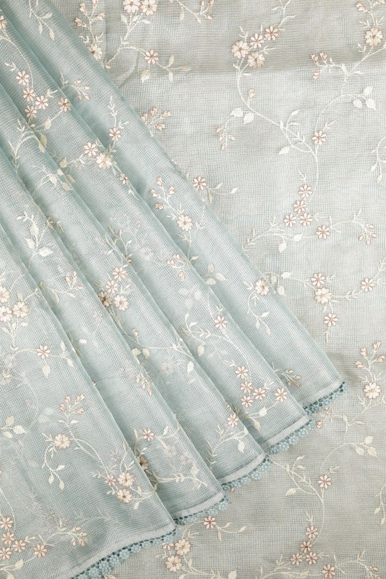 Cerulean Blue Organza Saree with Without Zari Zari Floral Patterns view 1