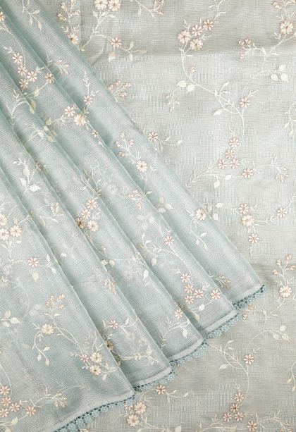 Cerulean Blue Organza Saree with Without Zari Zari Floral Patterns