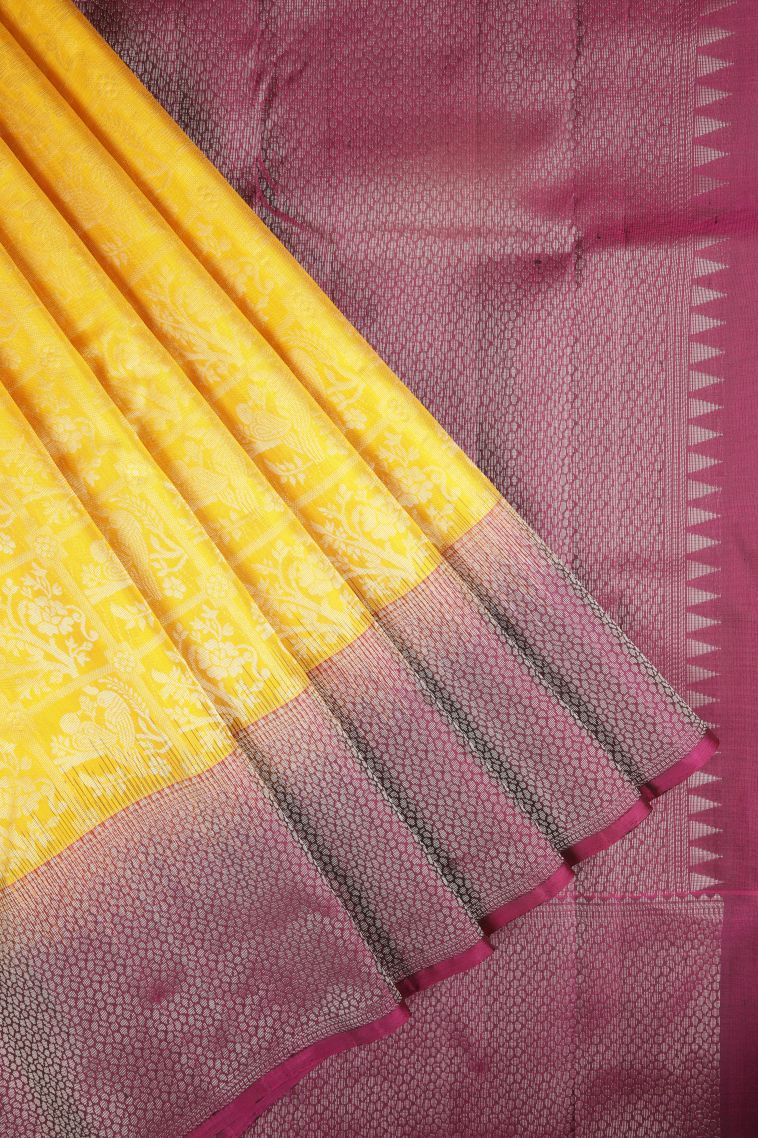 Latte Yellow Soft Silk Saree with Silver Zari Floral Patterns view 1