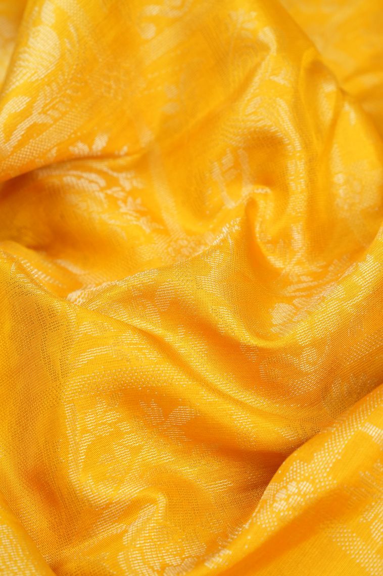 Latte Yellow Soft Silk Saree with Silver Zari Floral Patterns view 4