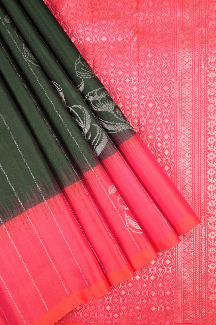 Basil Green Soft Silk Saree with Silver Zari Stripes view 1