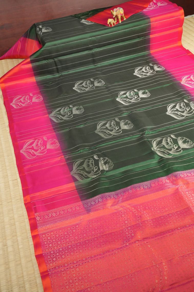 Basil Green Soft Silk Saree with Silver Zari Stripes view 2