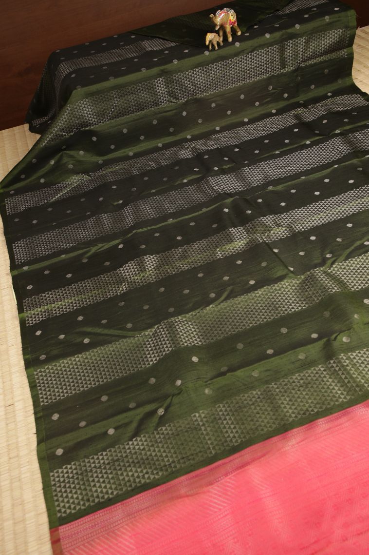 Basil Green Soft Silk Saree with Silver Zari Stripes view 2