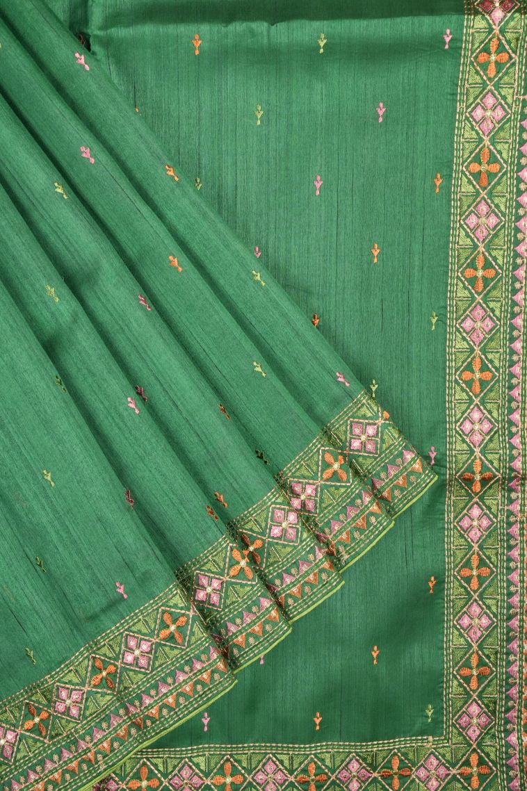 Basil Green Tussar Saree with Without Zari Zari Buttis (small Dots Or Motifs) view 1