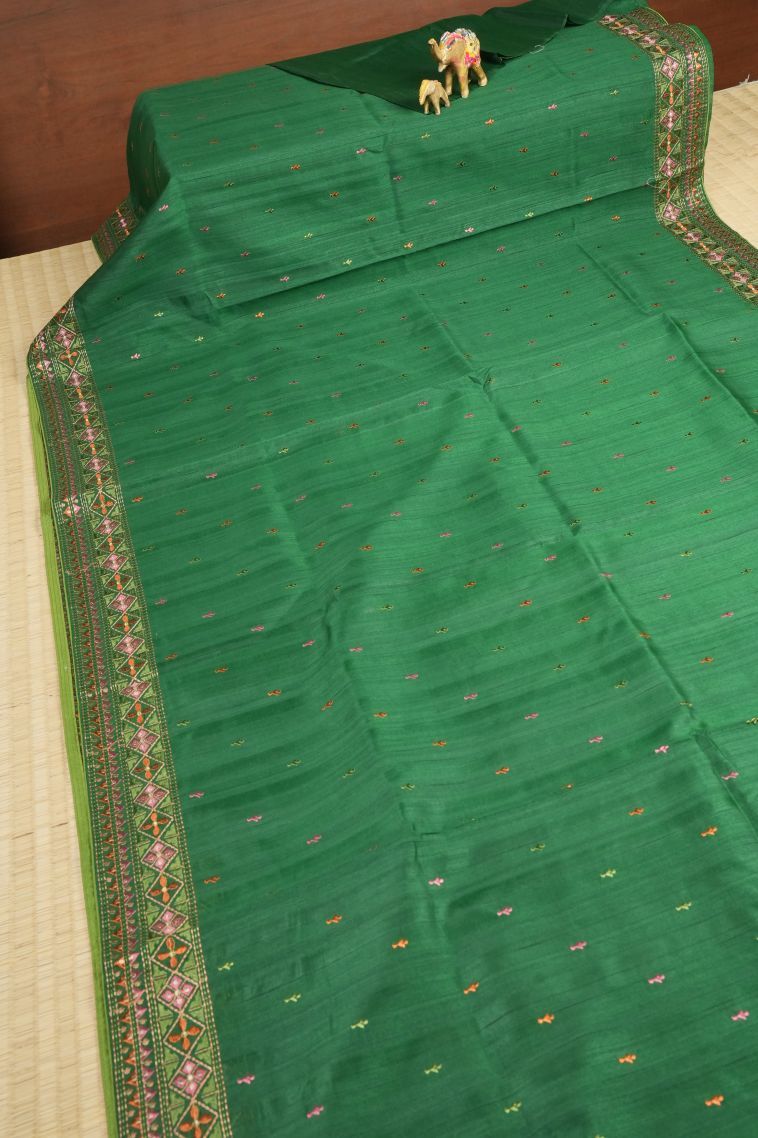 Basil Green Tussar Saree with Without Zari Zari Buttis (small Dots Or Motifs) view 2