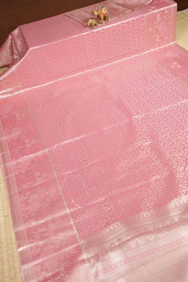 Rose Pink Tissue Silk Sarees with Silver Zari Floral Patterns view 2